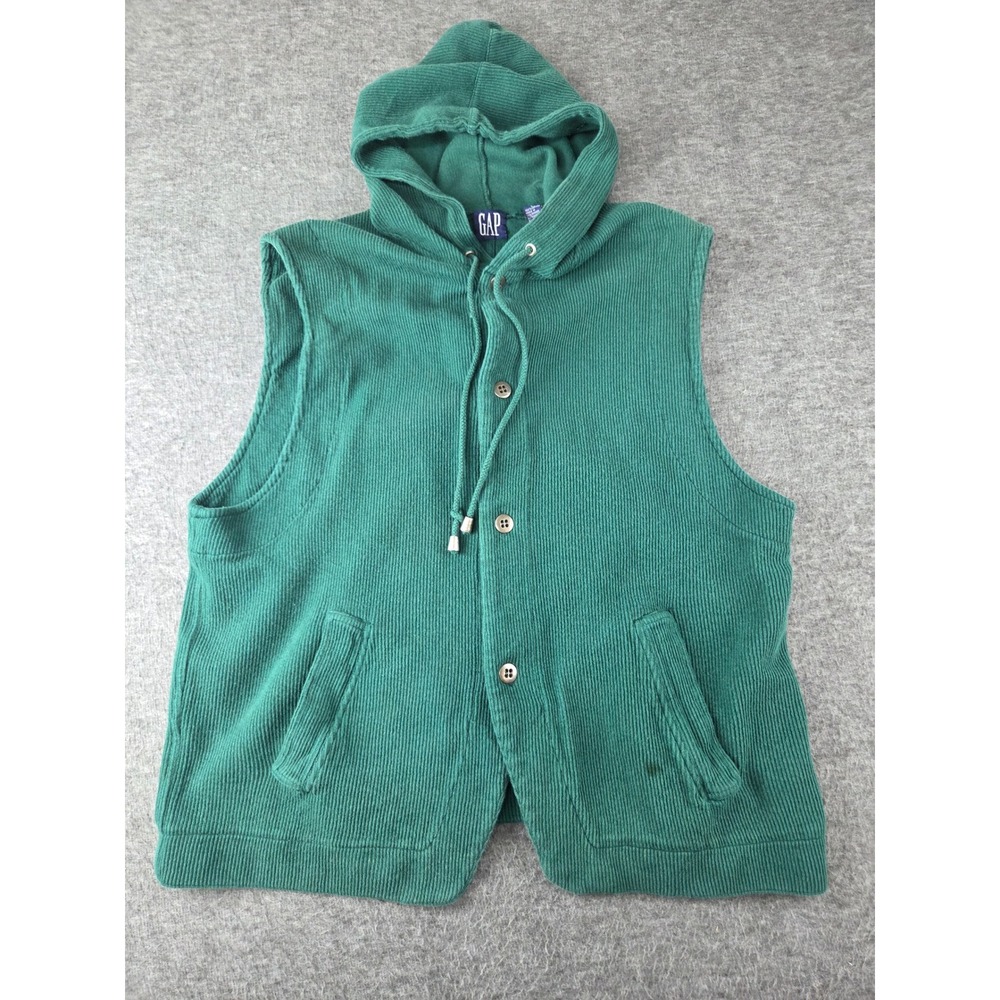 Gap Sleeveless Hooded Sweater Mens L Green Ribbed Knit Button VTG 90s Y2K Vest
